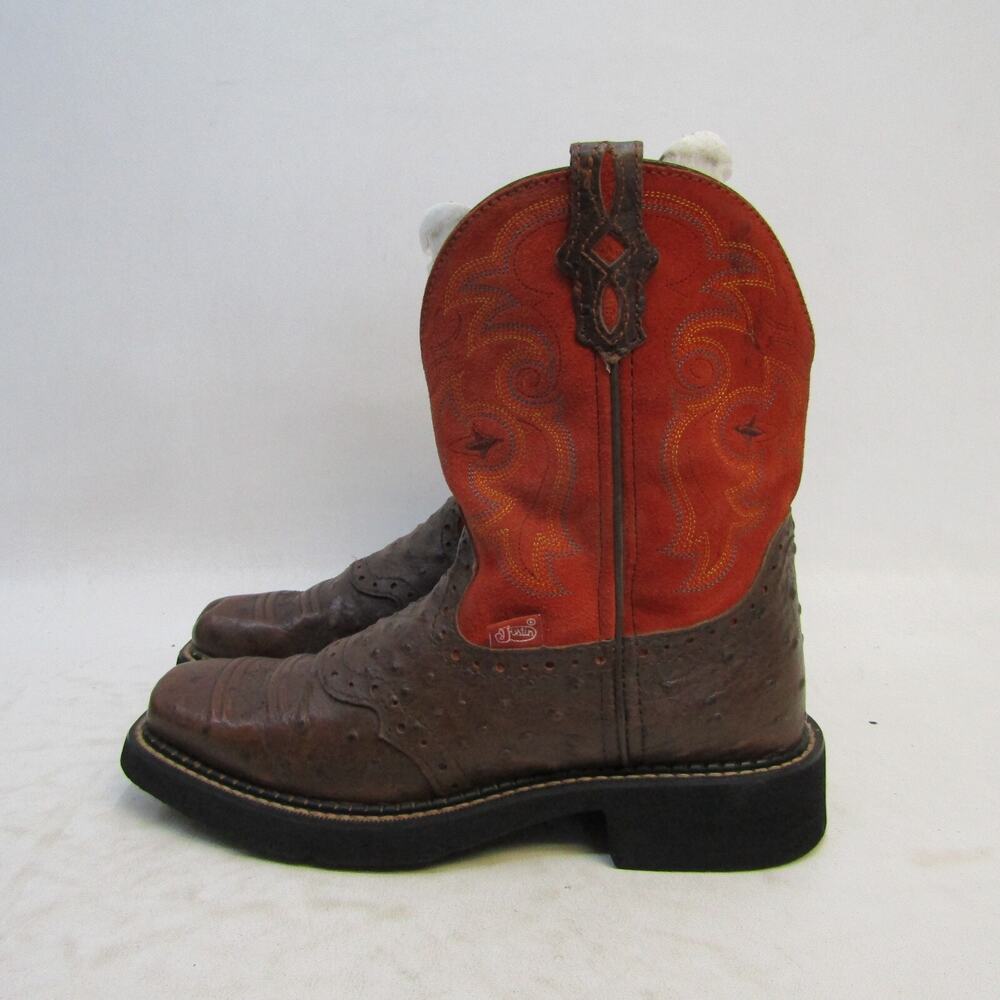 Justin Gypsy Womens Sz 6 B Red Orange Brown Leather Ostrich Cowboy Western Boots